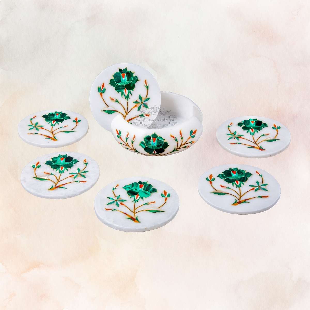 Green Flower Carved Design Marble Coaster
